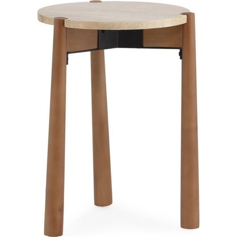 Table d'appoint ronde en travertin et bois - Naturel et noir (1/4)