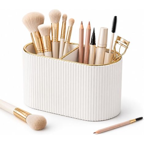 Porte - brosse de maquillage, boîte de rangement de brosse de maquillage en cuir avec deux compartiments, boîte de rangement de bureau de parfum pour vanité, salle de bain chambre (blanc) (1/5)