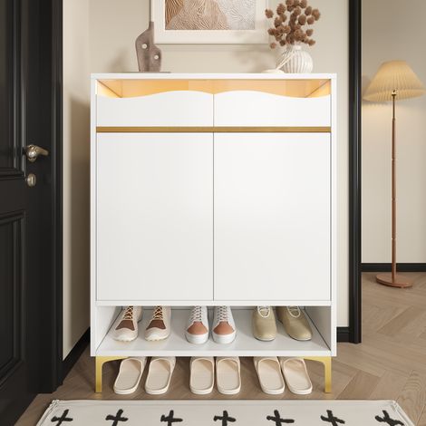 Scarpiera con illuminazione LED a 16 colori, per 15 paia di scarpe, armadio salvaspazio per ingresso, soggiorno o corridoio con cassetti e mensole, 80x35x105 cm - Bianco