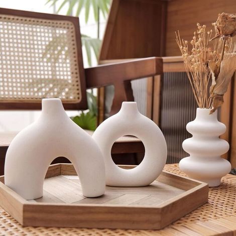 Vase en céramique blanche, vases bohèmes modernes pour la décoration intérieure, petits vases à fleurs pour herbes de la pampa, lot de 3, Blanc (1/5)