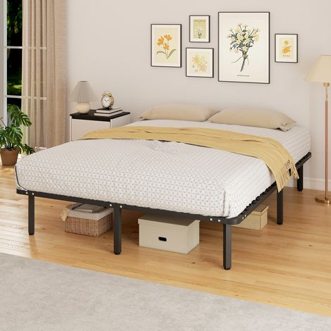 Estructura de cama de 160 x 200 cm, cama doble con somier de láminas de madera maciza y patas, con espacio de almacenamiento debajo, color negro. (1/5)