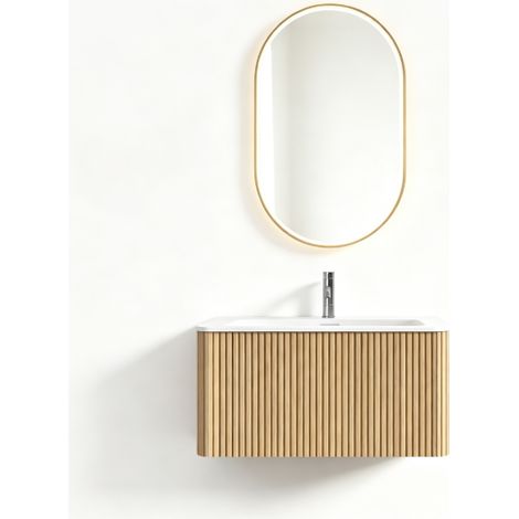 Set mobili bagno sospeso con specchio LED, lavabo 80 cm con base, colore rovere, preassemblato (1/4)