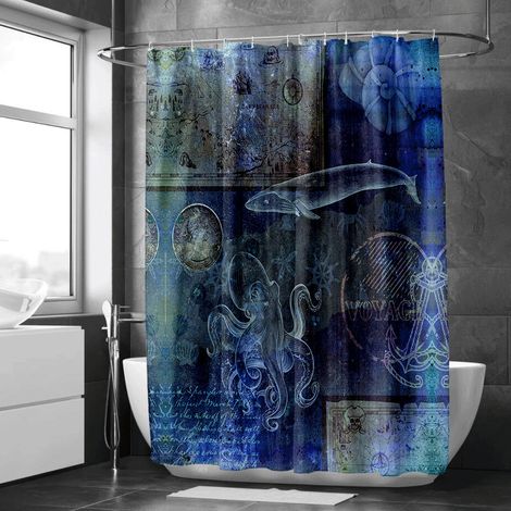 Rideau de douche motif poissons tropicaux et hippocampes colorés, tissu salle de bain imperméable, 90x180 cm (1/5)