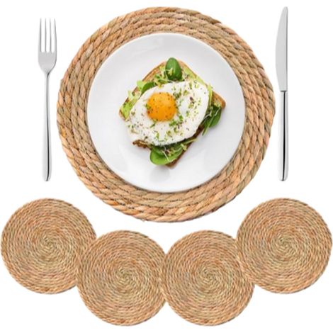 Ensemble de 4 sets de table tressés en rotin et paille diamètre 30 cm résistants à la chaleur et antidérapants style bohème avec tissage artisanal (1/5)