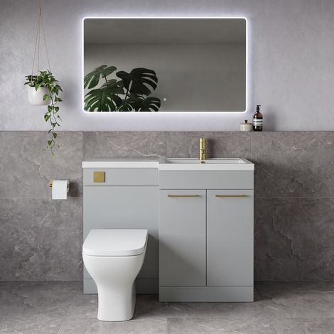 Napoli 390 Gloss Grey Pearl 1100mm 2 Door Vanity Unit Toilet Suite with Square Right Hand Lucia Basin - 1100mm - Brushed Brass 160mm HandleWith Kingston Toilet Pan and Seat