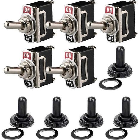 Lot de 5 interrupteurs à bascule avec couvercle étanche, 12 V-24 V-48 V-110 V/10 A, 220 V-230 V/6 A, interrupteur marche/arrêt SPST à 2 broches, pour voiture et bateau (lot de 5, noir) (1/5)