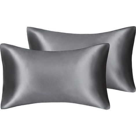 Taie d'oreiller en satin soyeux pour cheveux et visage - Lot de 2 - Anti-rides - Fermeture éclair dissimulée - 50 x 75 cm (Gris) (1/5)