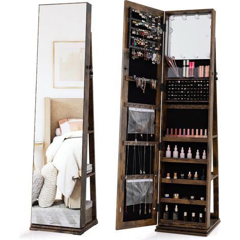 Armoire à bijoux marron rustique pivotante à 360 avec miroir pleine longueur et éclairage LED pour chambre, dressing et entrée (1/5)