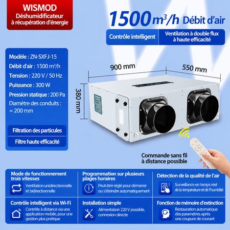 Système de ventilation VMC double flux 1500 m³/h intelligent 220V 1500 réf 3080 40 kg – Livraison gratuite