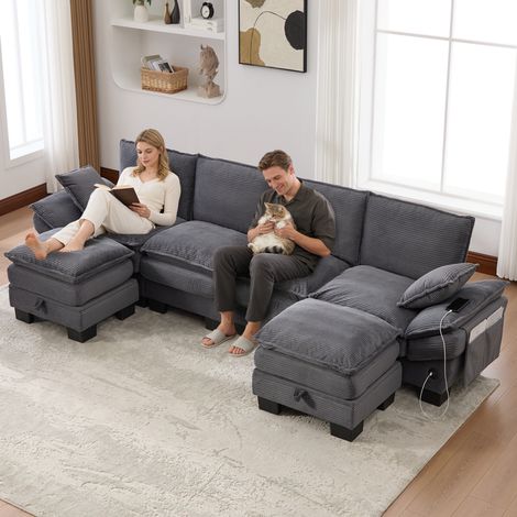 FloraGrace Canapé modulable 4 places, 330 x 132 x 84 cm, corduroy, USB C, poches, gris foncé (1/5)