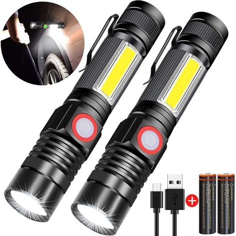 2 Stück Taschenlampe LED Aufladbar mit Magnet COB Seitenlicht Zoombar, Extrem Hell 3000 Lumen USB Taschenlampen Batteriebetrieben Wasserdicht, 4 Modi für Outdoor Wandern Camping Notfall