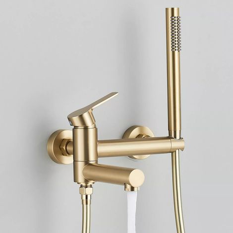 Zamery – Mitigeur de baignoire cascade doré monocommande avec douche à main – Corps en laiton sans plomb – Installation murale – Garantie 3 ans
