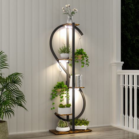 UNHO 5-Niveaux Étagère à Plante avec Lumière de Croissance - Support de Fleurs Forme S Multifonction - Porte Plante pour Balcon Salon Bureau Intérieur - 55 x 26 x 153cm