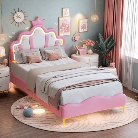 Lit princesse 90x190 en Forme de Couronne, Lit Enfant avec LED et Tête de Lits Réglable, Cadre Lits 1 Place en Nuages pour Ado, Rose PU (1/5)