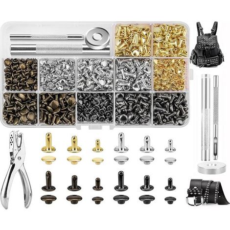 Set di 360 rivetti in metallo, disponibili in 3 misure, completo di strumenti per gli appassionati di lavorazione della pelle e artigianato. (1/2)