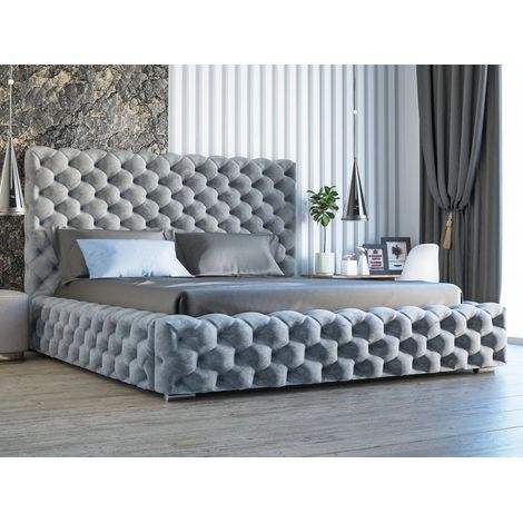 Graingold – Lit coffre 200x200 cm capitonné velours gris clair – Tête de lit haute – Coffre de rangement avec vérins à gaz – Pieds chromés (1/5)