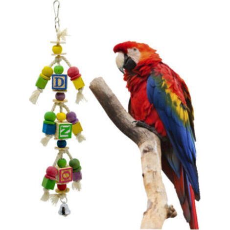 Colorful wooden bird toys, including letters, cubes and bells, interactive accessories for parrots and other pet birds. (1/4)