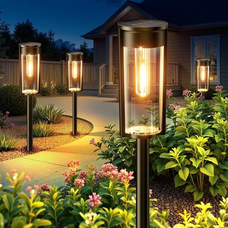 Lot de 4 lampes solaires pour extérieur - Vintage - Avec lumière en tungstène blanc chaud clair - Étanche IP65 - Pour extérieur, terrasse, pelouse, chemin, cour, balcon - Décoration (1/5)