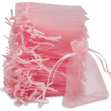 Lot de 50 sacs en organza, cordon de serrage, couleur rose, 7x9 cm, pour mariage et Noël (1/5)