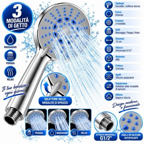 Soffione Doccetta Doccia a 3 Getti Ø12cm Cromato ABS Universale G1/2" (1/5)