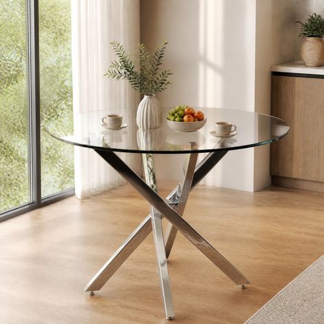 Mesa de comedor redonda 80 x 80 x 75 cm de vidrio templado, patas metálicas plateadas DESVIAE (1/5)