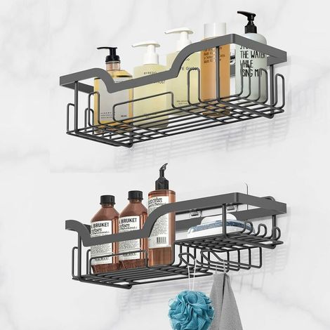 Set of 2 Shower Storage Shelf, Wall Mounted Shower Organizer Storage Baskets, No Drilling Shower Shelf, Shampoo Holder with Hooks/Soap Tray, for Bathroom/Kitchen (1/5)