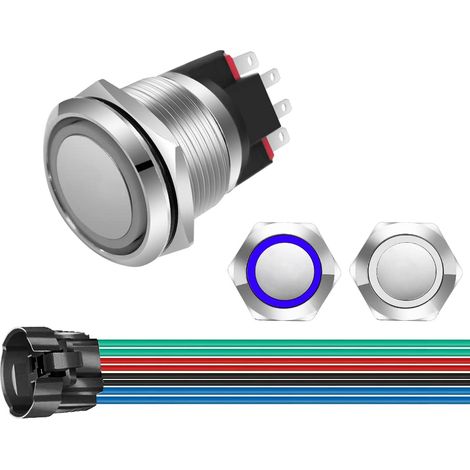 Bouton Poussoir Momentané 220V-230V/10A NO/NC Etanche avec Lumière LED Bleue/Blanche Illuminée 22mm Bouton Poussoir de Démarrage en Métal avec Fil de Prise (1/5)