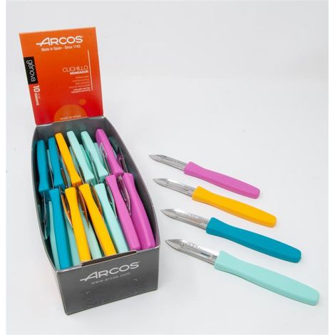 Pelador Arcos - Pack de 36 Unidades. Peladores de 4 colores. 60 mm. Embalaje en caja de Exposición.