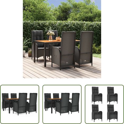 Gartenessgruppe - 5-tlg. Garten-Essgruppe mit Kissen Schwarz Poly Rattan (1/5)