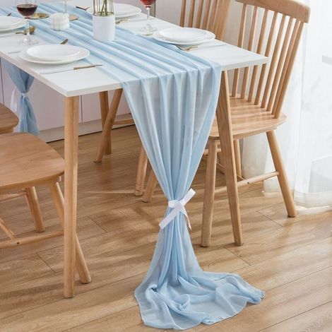 Chemin de Table en Mousseline de Soie Décoration de Table de Mariage,Rose foncé,300 x 70 cm,bleu clair (1/5)
