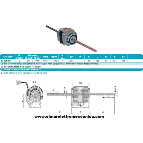EMI 83B-3030/1 Motore 100 W BIALBERO 4 Velocità aspiratore Fan Coil