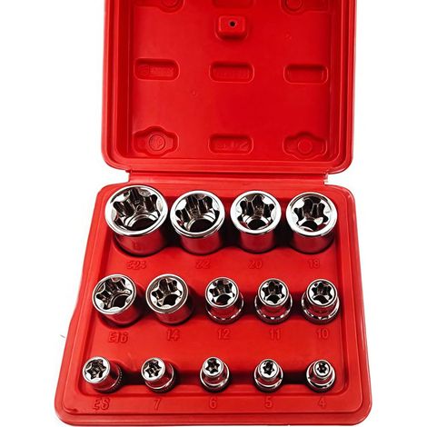 Jeu de 14 douilles femelles E-Torx étoile, entraînement 1/4", 3/8", 1/2", jeu étoile externes E4-E24, dynamométriques avec étui rouge - (1/5)