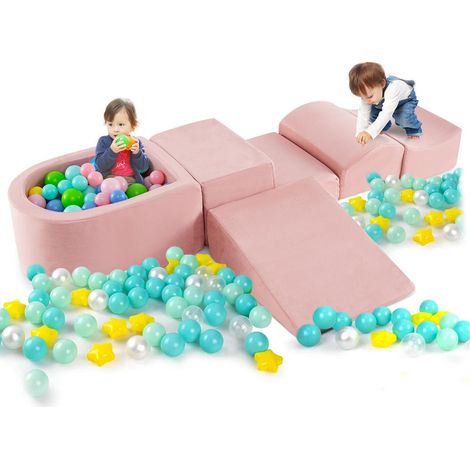 Pour enfants, modules souples faciles à déplacer, parcours grimper-ramper avec toboggan et piscine à balles rose (1/5)