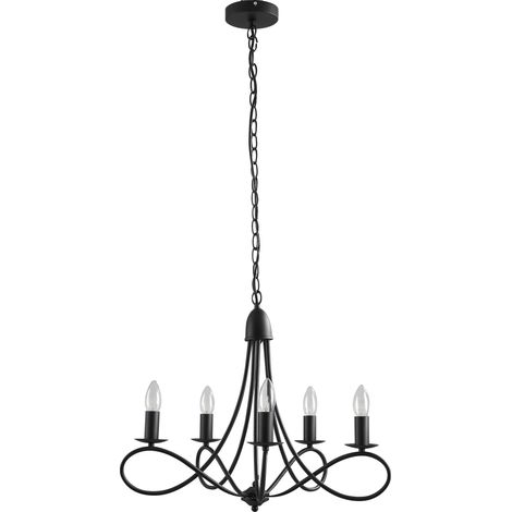 Lustre de plafond style rustique, acier tressé noir avec 5 bougeoirs réglables et pliables Ф58 x 45cm (1/5)