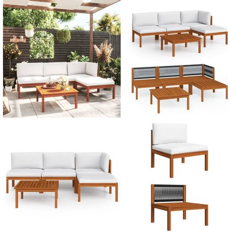 Salon de jardin 5 pcs avec coussins Crème Bois d'acacia solide - Salon De Jardin - Meuble De Jardin - Ensemble De Salon - Mobilier De Jardin - Acacia Massif - Home & Living