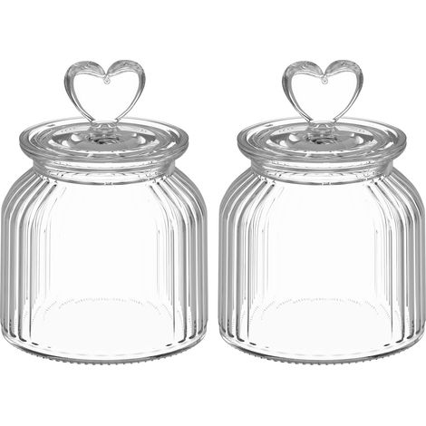 Lot de 2 bocaux de conservation avec couvercle, hermétiques, verre à bonbons en forme de cœur, bocaux de conservation en verre, 650 ml, pots de conservation décoratifs pour bar à bonbons, cuisine, ave (1/5)