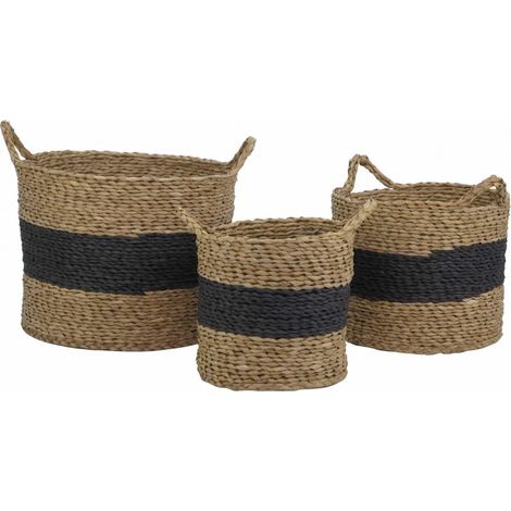Lot 3 panières noir et marron en fibre naturelle avec anses - CORDOU