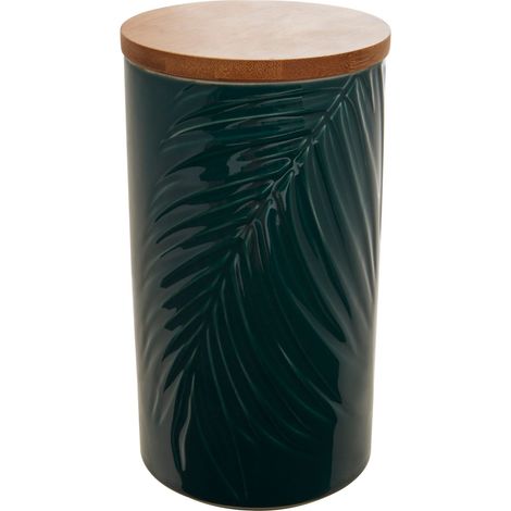 Interiors By Premier Dark Green Large Storage Jar With Bamboo Lid,Jar With Embossed Tropical Leaf Design,Spice Storage Canister (1/5)