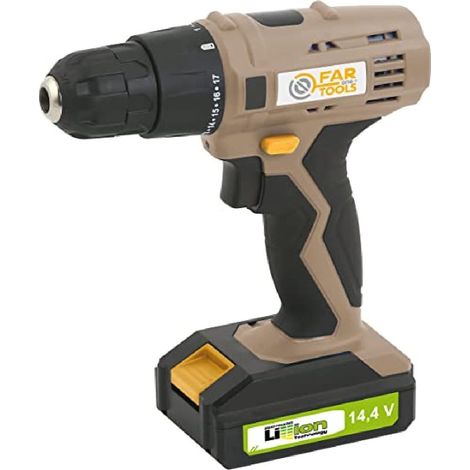 Perceuse/Visseuse 14,4V, 1 batterie 1,3Ah li-ion, couple max 14Nm (17 réglages), mandrin Ø10 mm, éclairage LED, chargeur (1/4)