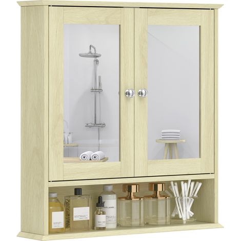 Armoire murale salle de bain avec miroir meuble salle de bain avec Portes Miroir Doubles Bois Naturel (1/5)