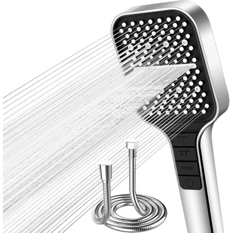 Pommeau de Douche avec Tuyau de 1,5 Mètre, Pomme de Douche à Economie D'eau avec 7 Modes D'eau, Pomme de Douche Pluie avec Bouton D'arrêt et Buse en Silicone Autonettoyante (1/5)