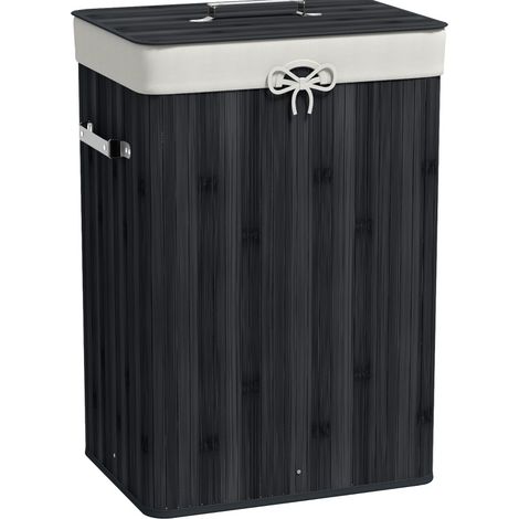 Wäschekorb mit Deckel aus Bambus und Stoff, faltbar, 72 L, schwarz, 40 x 30 x 60 cm (1/4)