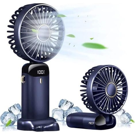 Ventilateur portable mini rechargeable USB avec 5 vitesses, affichage LED et fonction pliable, idéal pour bureau, chambre, activités extérieures et voyages – couleur bleue (1/5)