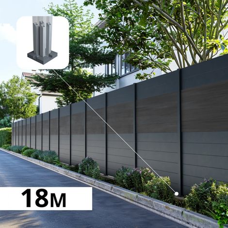 Kit Clôture Aluminium BAHIA & CRUZ Ardoise 18,33x1,8m - Aluminium et bois composite - Poteaux sur Platines gris - Brise vue - Palissade
