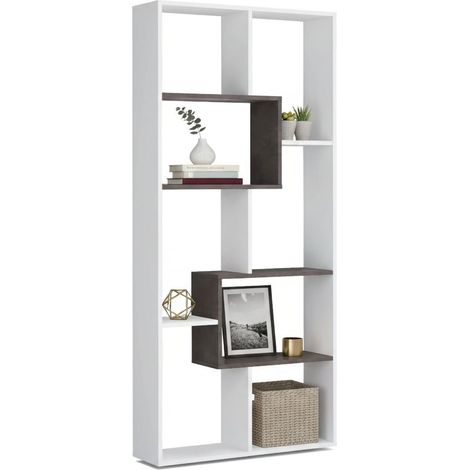 Libreria Fremont, Mobile portalibri multiposizione con 8 scomparti, Scaffale da ufficio, Scaffale divisorio per camera, 80x25h180 cm, Bianco e Ossido