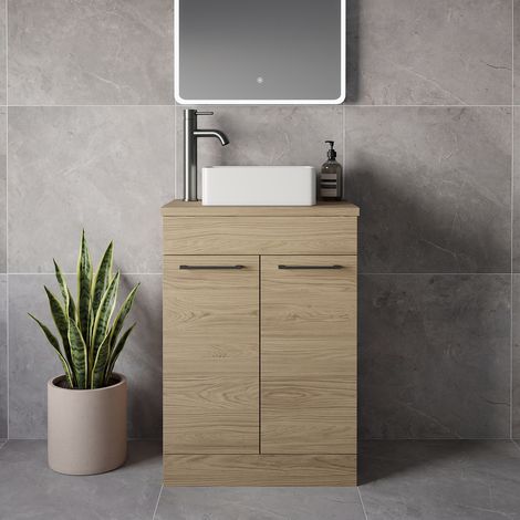 Napoli 390 Light Oak 600mm 2 Door Vanity Unit for Countertop Basins - 600mm - Gunmetal Grey 160mm Handle