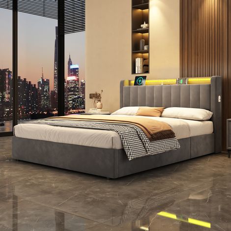 Cama 140x200 cm Tapizada con Cajón Hidráulico, LED y USB Integrados, Terciopelo Suave, Estructura MDF/Metal - Solución Moderna que Ahorra Espacio (1/5)