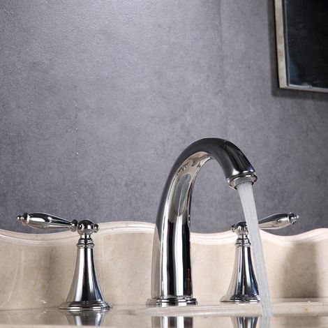 Robinet de lavabo à trois trous en cuivre, robinet fendu à Double poignée, robinet de salle de bains de Style européen, argent (1/5)
