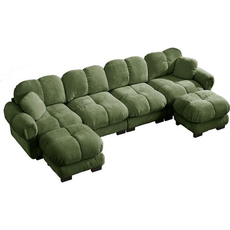Sofá modular en U para salón en chenilla verde con 2 pufs móviles (1/5)