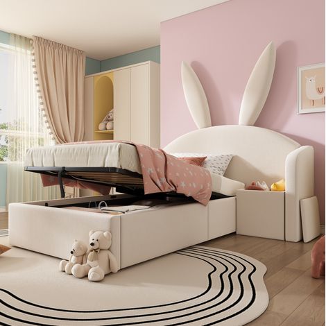 Lit enfant 90x190 cm beige en velours avec tête de lit oreilles de lapin et rangement hydraulique (1/5)